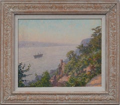 Antique American Framed Impressionist River Boat Landscape Sunset Oil Painting