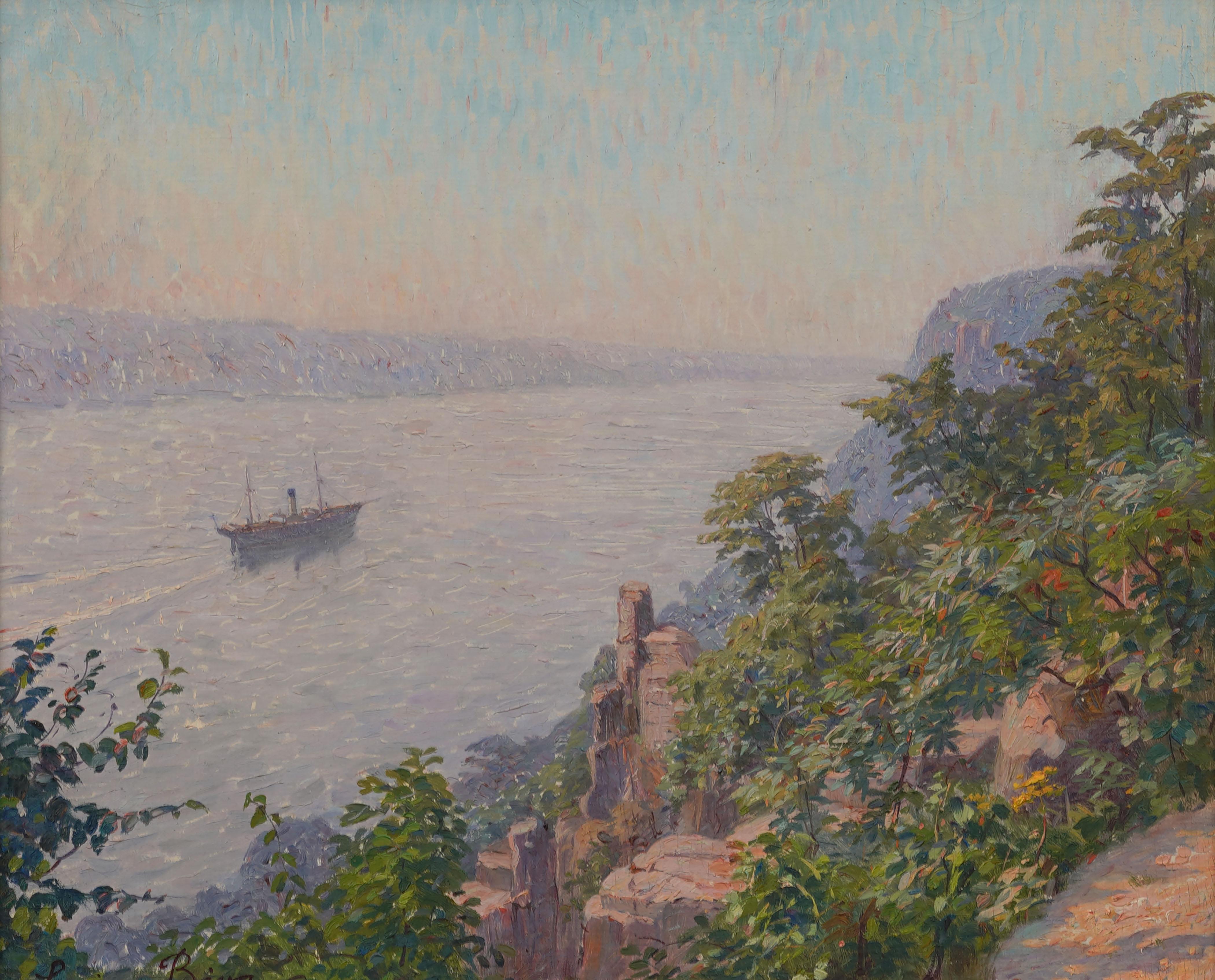 Peinture à l'huile impressionniste ancienne encadrée, bateau de rivière, paysage, coucher de soleil - Impressionnisme Painting par Lucien Biva