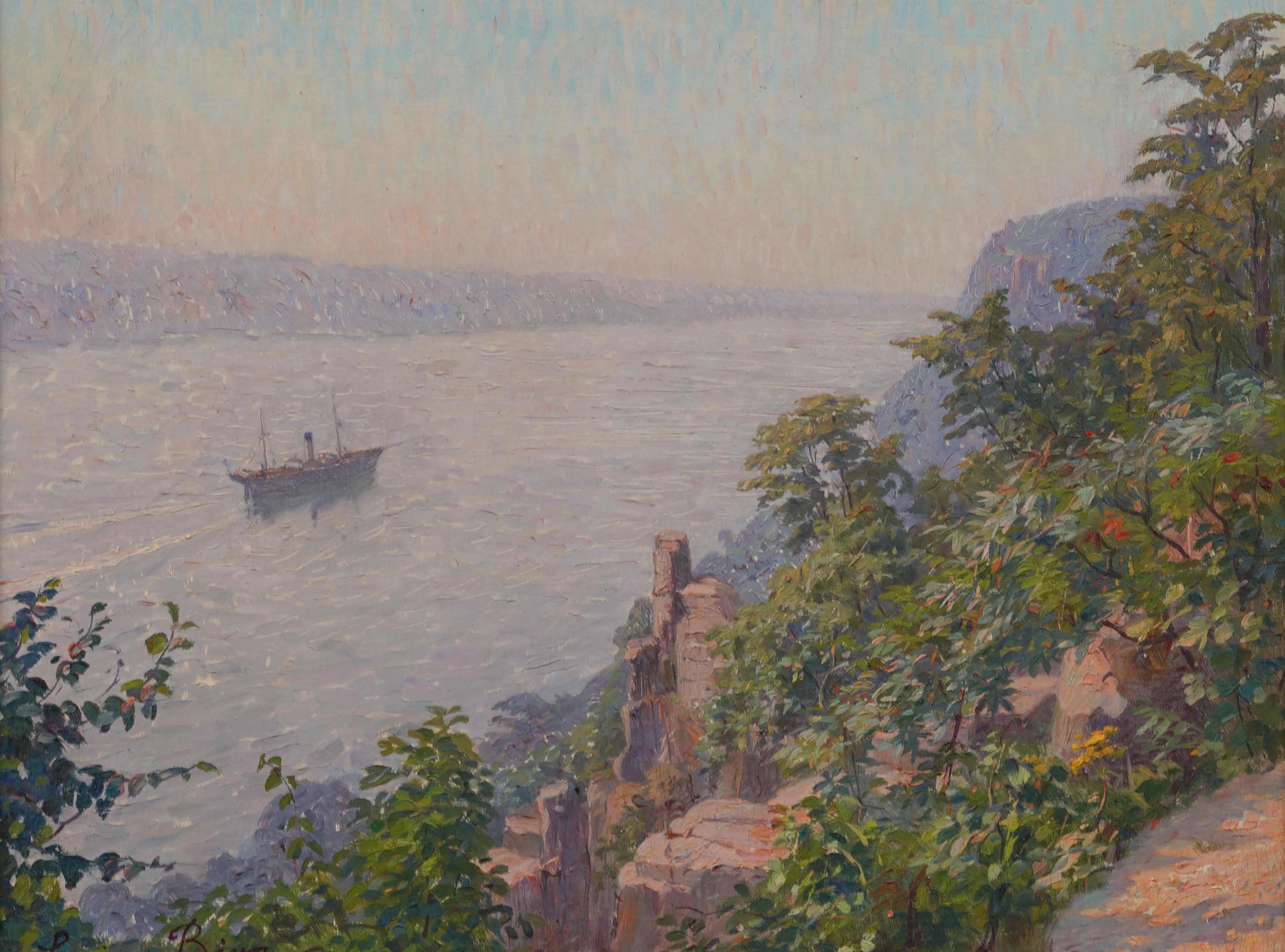 Peinture à l'huile impressionniste ancienne encadrée, bateau de rivière, paysage, coucher de soleil - Gris Landscape Painting par Lucien Biva
