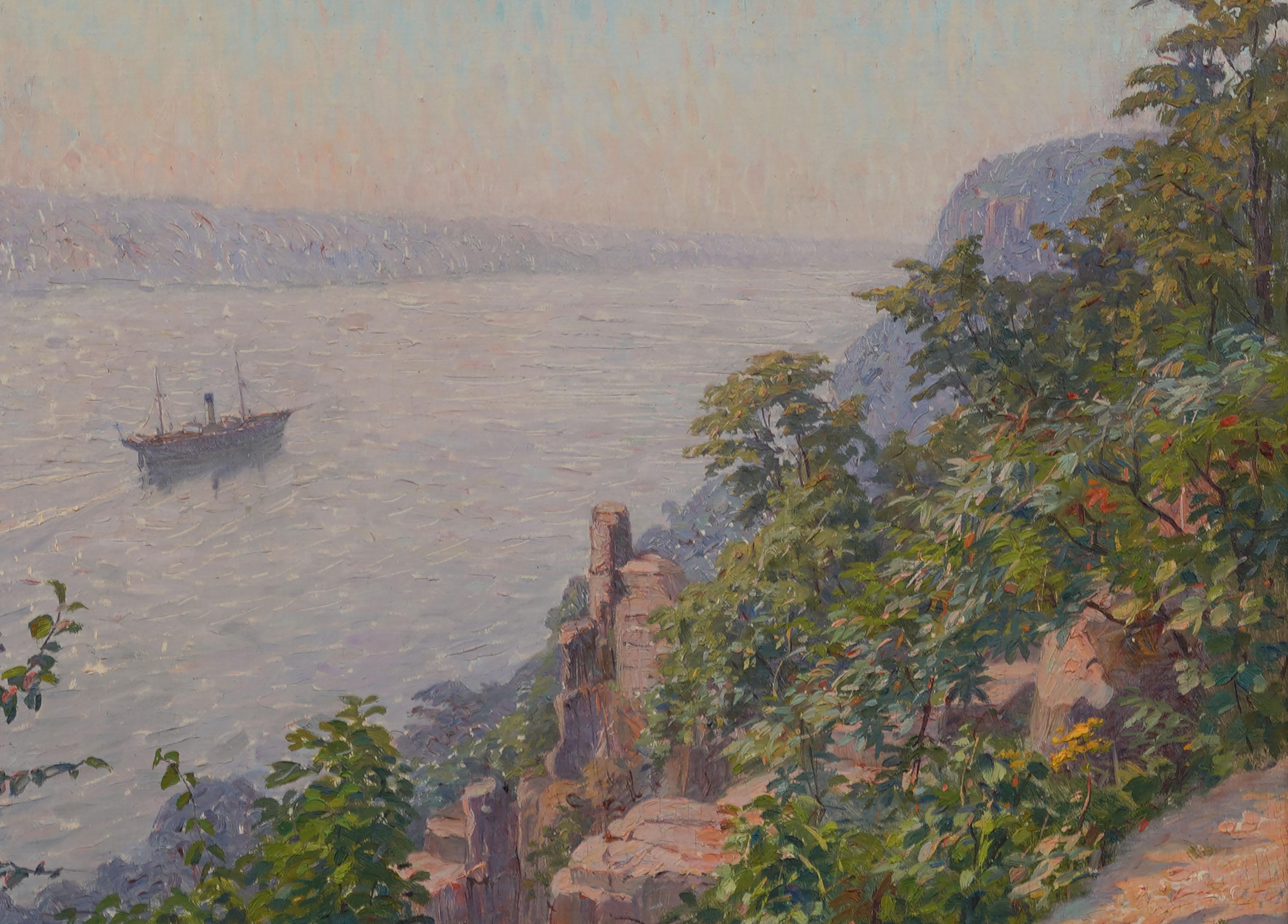 Peinture à l'huile impressionniste ancienne encadrée, bateau de rivière, paysage, coucher de soleil en vente 1
