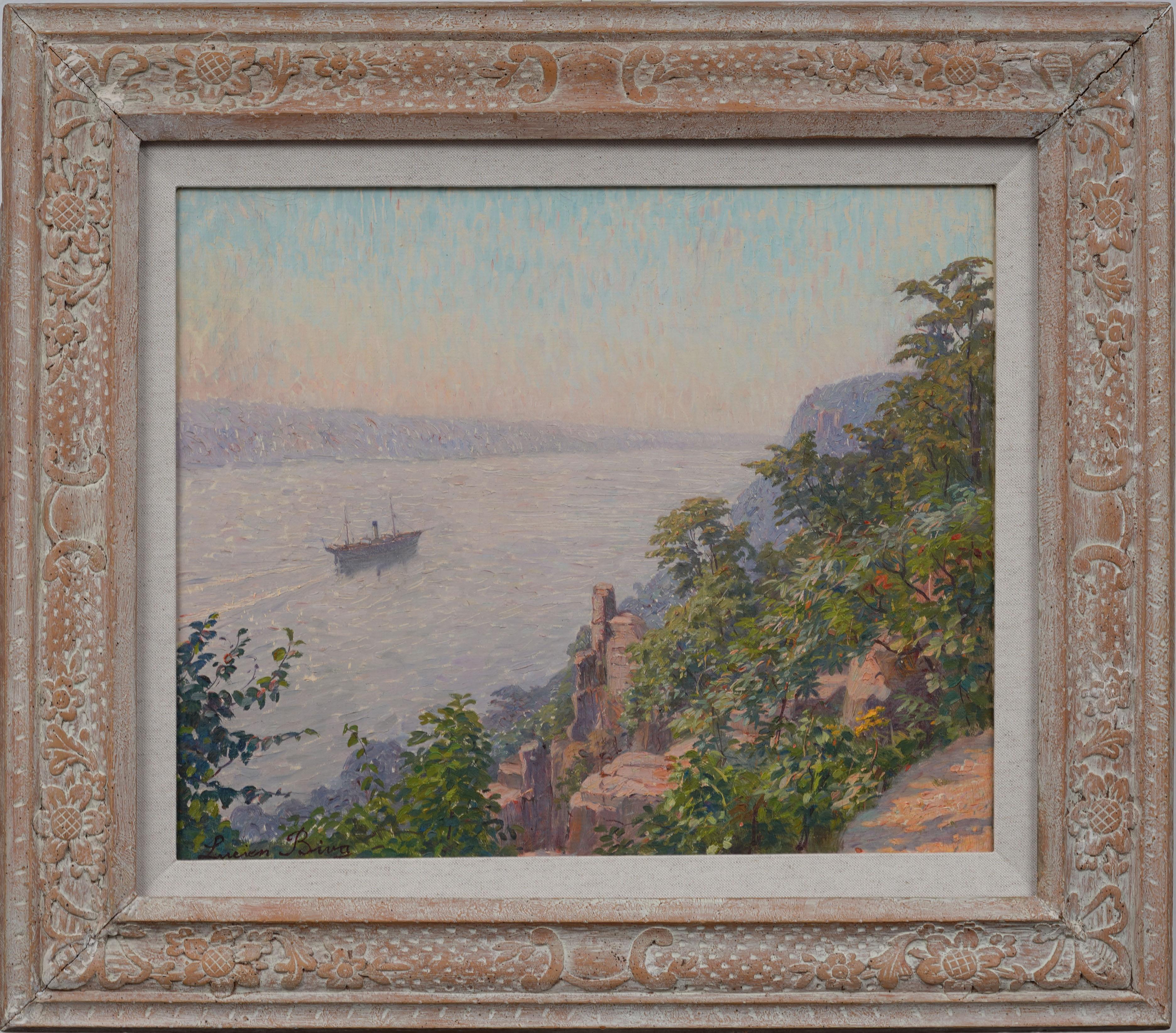 Landscape Painting Lucien Biva - Peinture à l'huile impressionniste ancienne encadrée, bateau de rivière, paysage, coucher de soleil