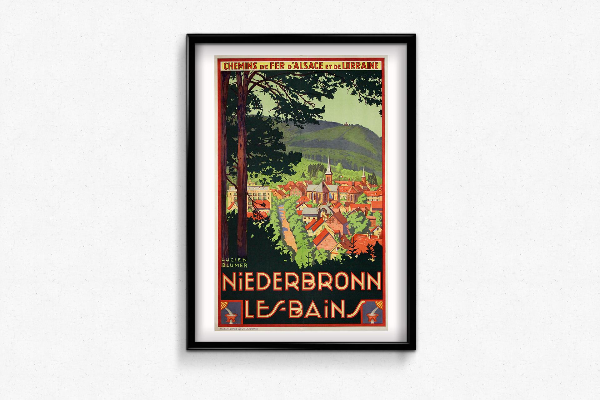 A luminous celebration of Alsatian charm, this stunning circa 1920 lithographic travel poster invites viewers to discover the idyllic spa town of Niederbronn-les-Bains, nestled in the rolling hills of northeastern France. Created by French painter