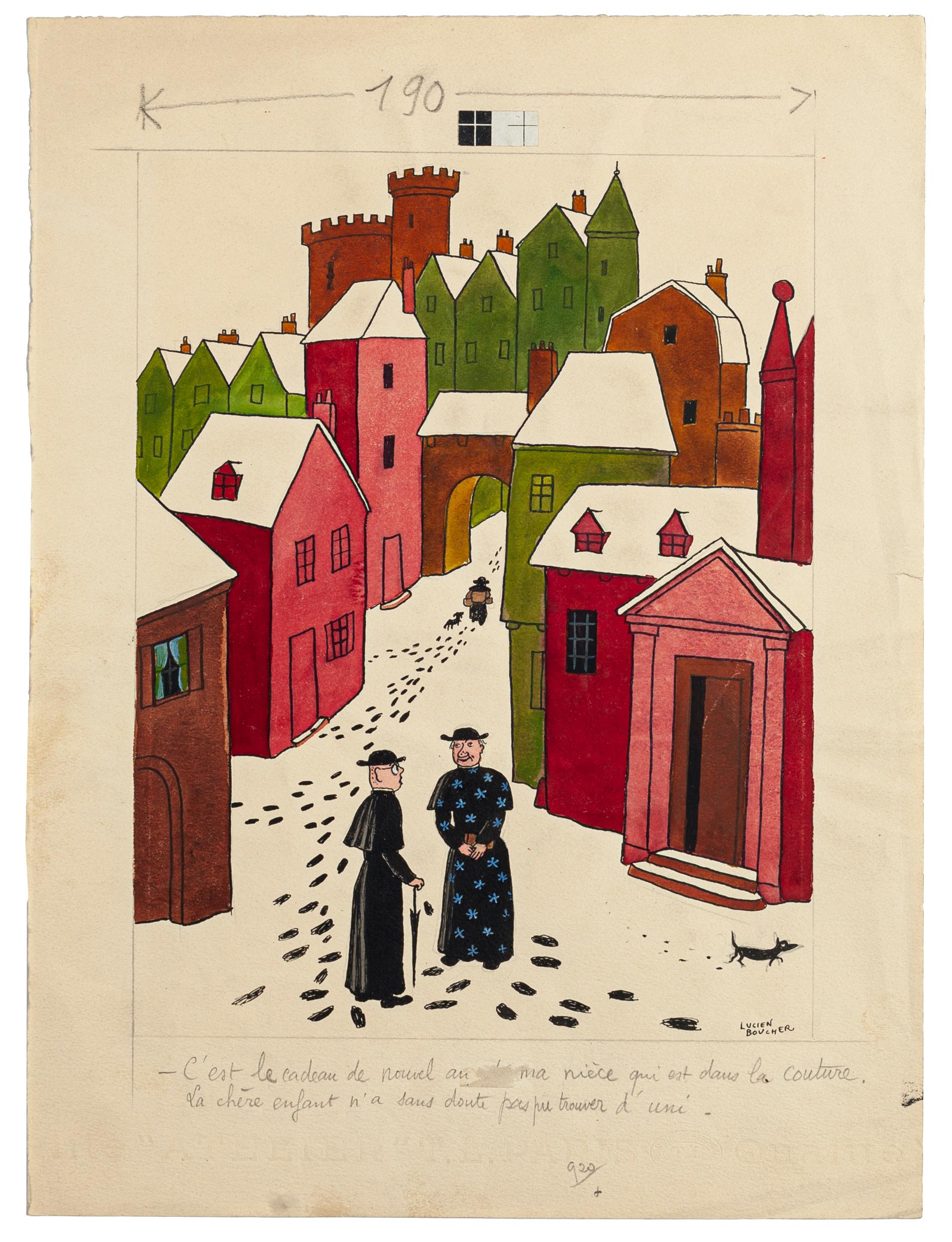 Village is an original drawing in pencil, pen and tempera, illustration, realized by Lucien Boucher (1889-1971), hand-signed on the lower right. The state of preservation of the artwork is very good, with an inscription on the lower center.

Sheet