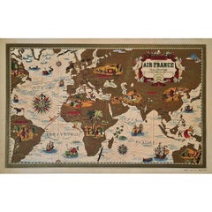 Vintage 1939 original map for Air France titled "Nova et Vetera" by Lucien Boucher