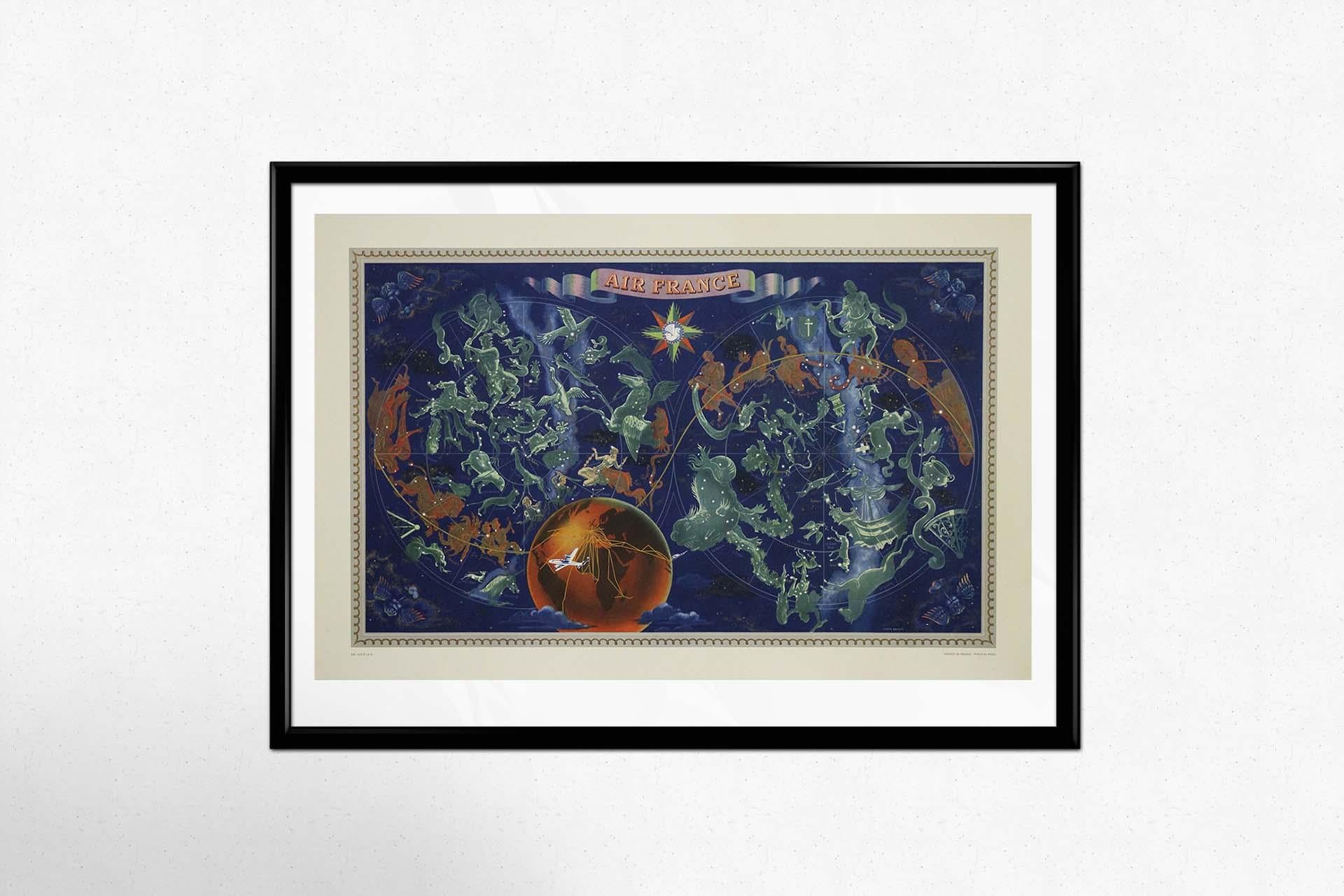 1951 original planisphere by Lucien Boucher, created for Air France 1