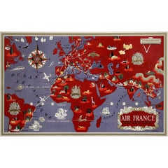 Vintage Circa 1950 Air France "Réseau Aérien Mondial" world map by Lucien Boucher