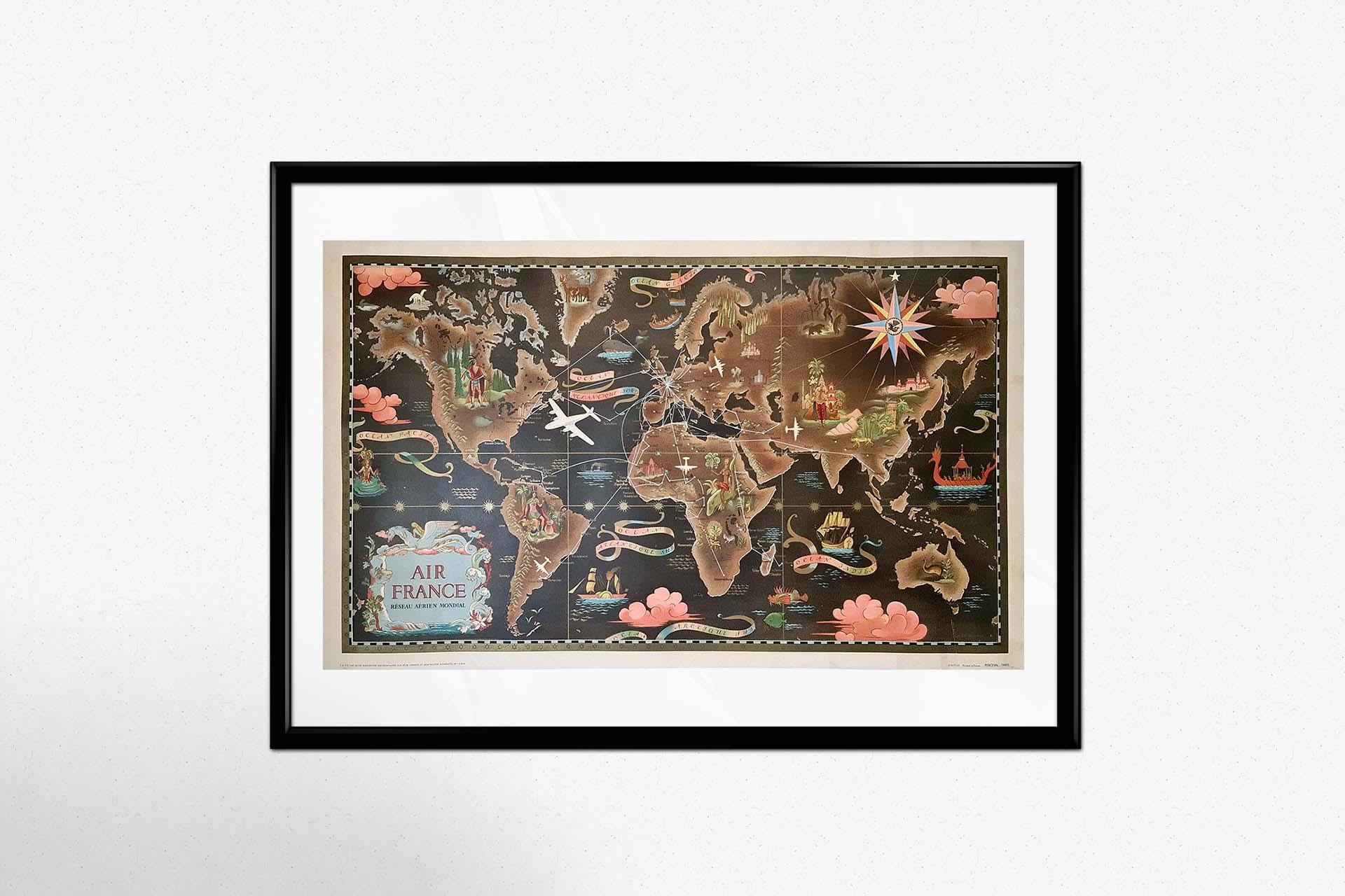 Poster originale del 1950 circa di Lucien Boucher per Air France - Planispheres in vendita 3