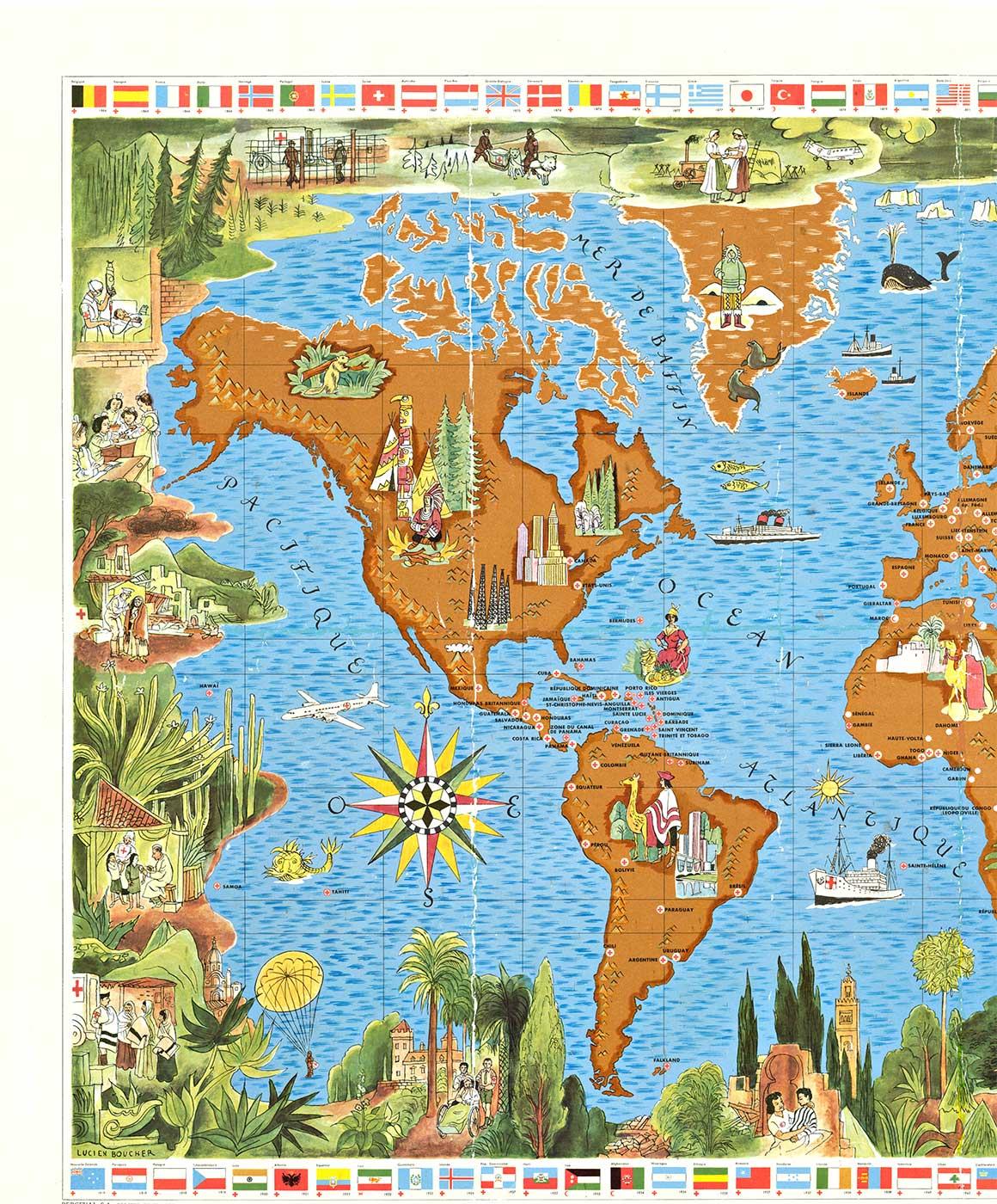 Originale mappa mondiale dei 100 anni della Red Cross, poster planisfero d'epoca - Print di Lucien Boucher