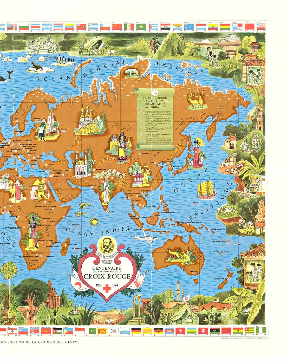 Originale mappa mondiale dei 100 anni della Red Cross, poster planisfero d'epoca - Print American Modern di Lucien Boucher