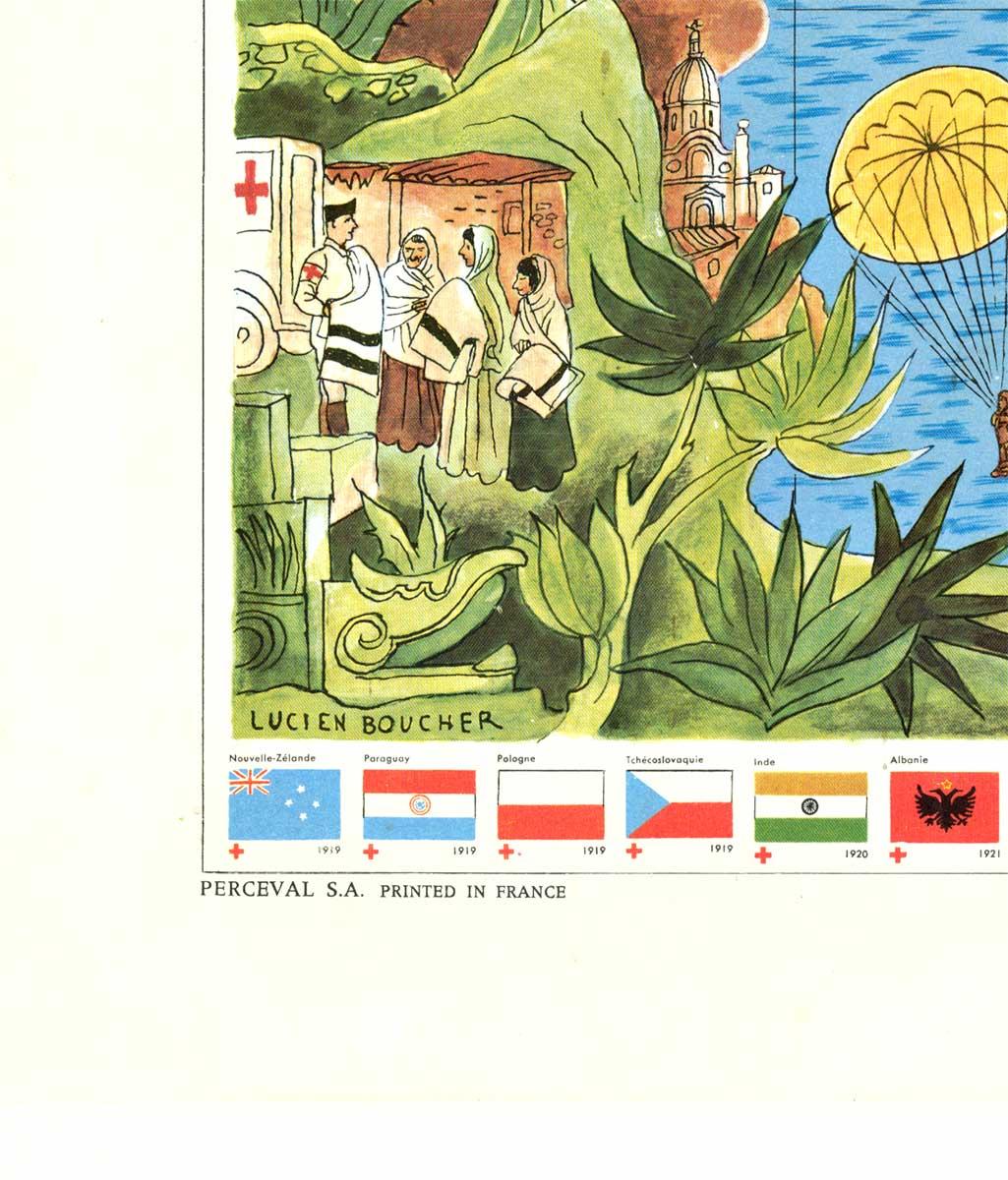 Originale mappa mondiale dei 100 anni della Red Cross, poster planisfero d'epoca - Figurative Print Beige di Lucien Boucher