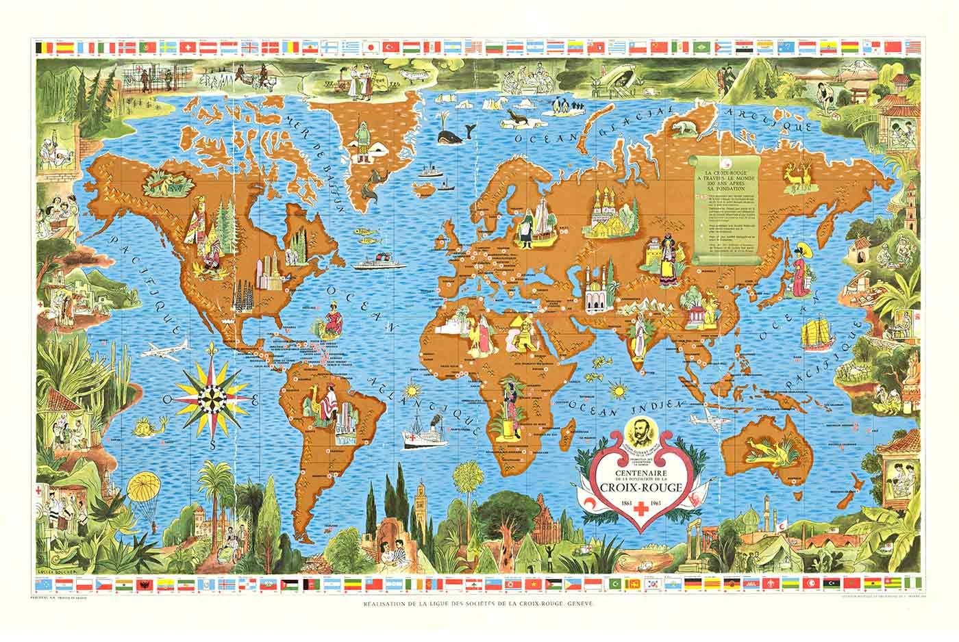 Figurative Print di Lucien Boucher - Originale mappa mondiale dei 100 anni della Red Cross, poster planisfero d'epoca