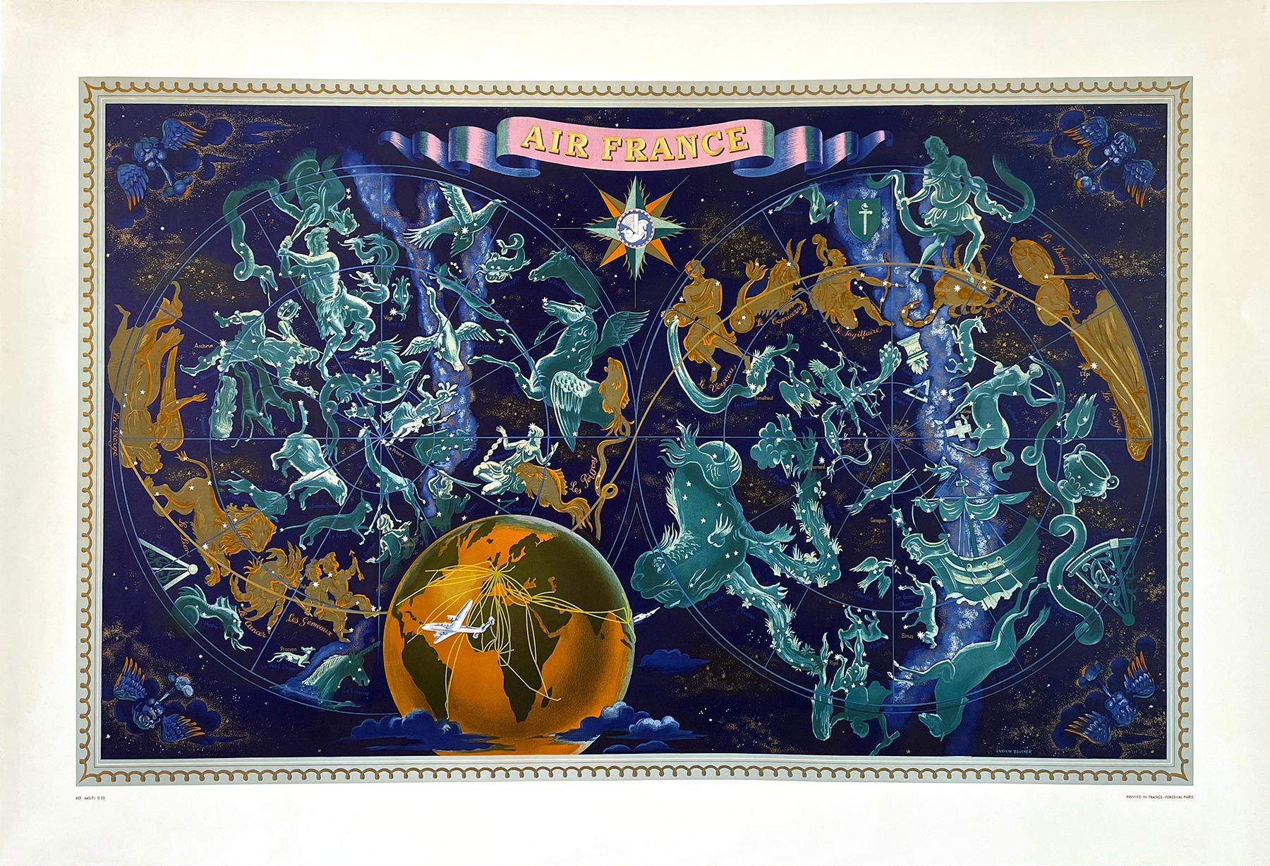 Se trata de uno de los carteles más deseados jamás creados por Lucien Boucher, para Air France. En él vemos los distintos destinos a los que volaba Air France en los años 50. Boucher utiliza los signos del Zodiaco y los incorpora a la imagen