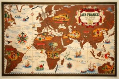 Vintage Original Air France Planishere Map by Lucien Boucher circa 1950