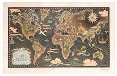 Planisferio original de Air France Mapa vintage marrón de Lucien Boucher 1948