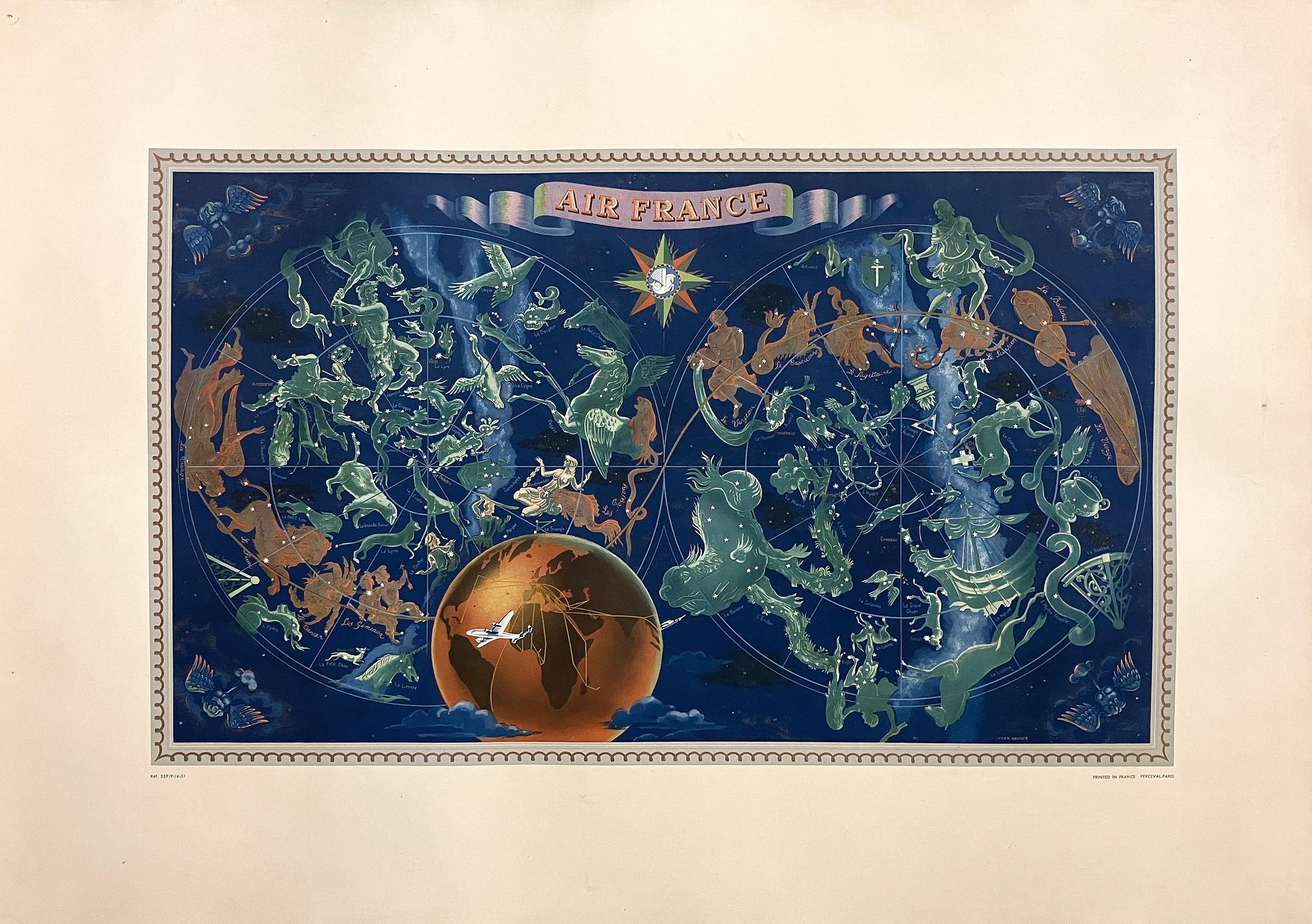 Questo splendido poster originale d'epoca di Lucien Boucher (1889-1971) è tra i suoi disegni più ricercati per Air France. Creato negli anni '50, mette in mostra la vasta rete globale della compagnia aerea, intrecciando i segni dello Zodiaco in una