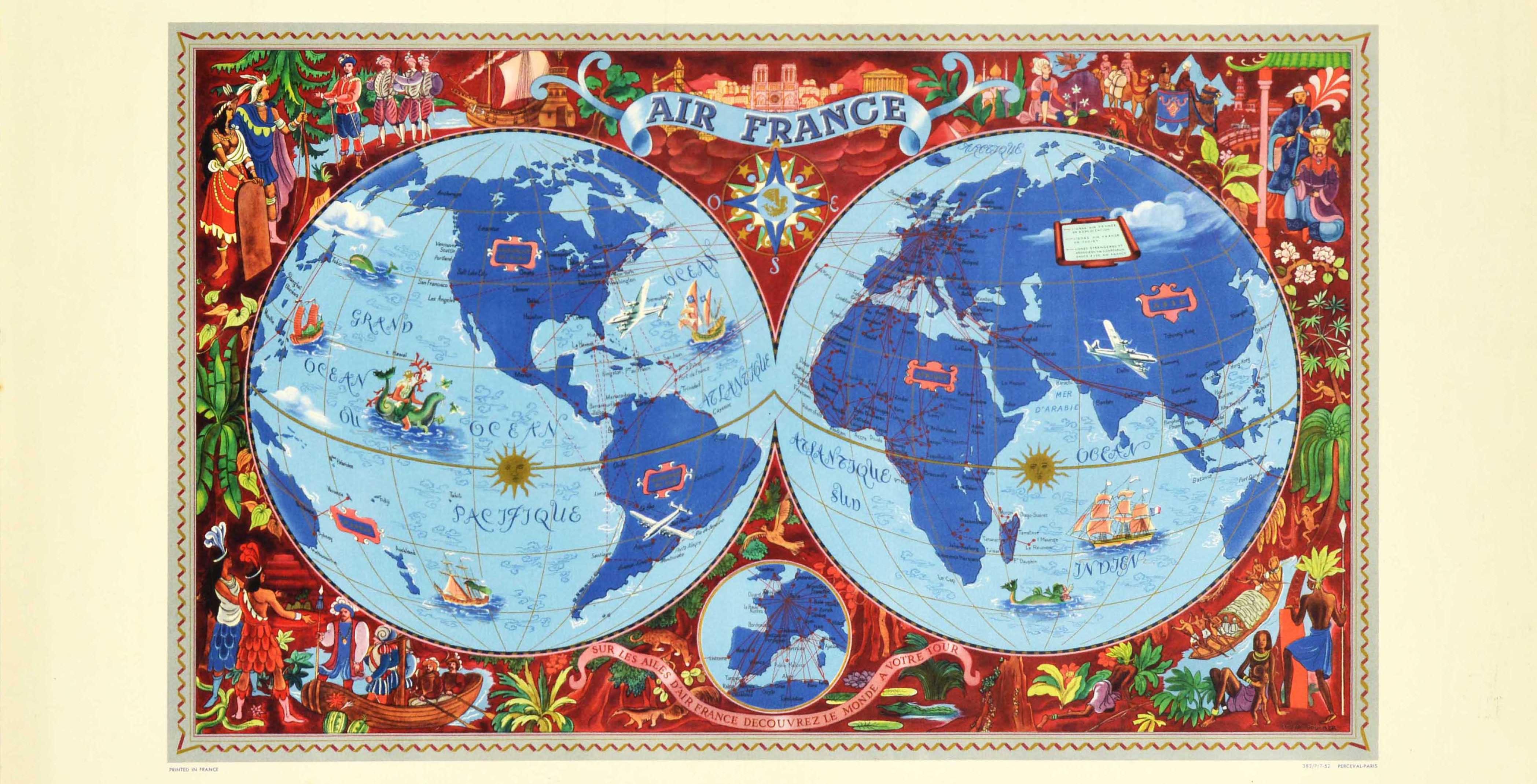 Poster originale d'epoca di Air France Mappa illustrata del mondo Arte del viaggio Planisfero - Print di Lucien Boucher
