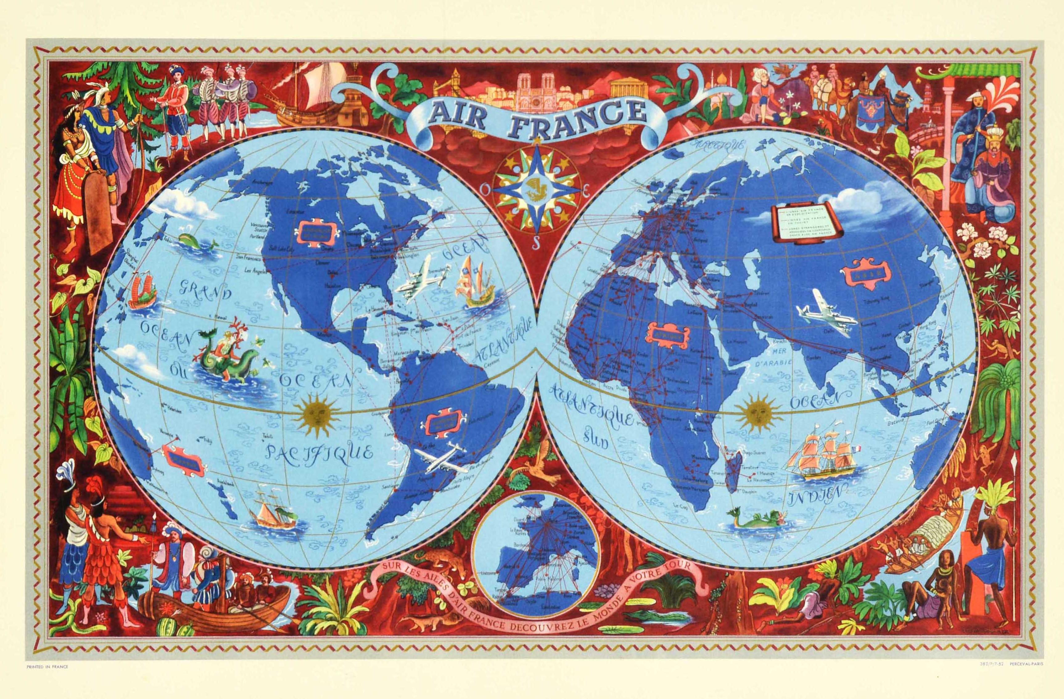Poster di viaggio originale d'epoca che pubblicizza Air France con uno splendido planisfero disegnato dall'artista francese Lucien Boucher (1889-1971). Raffigurazione colorata del mondo con aerei, velieri e mitiche creature marine con le linee delle