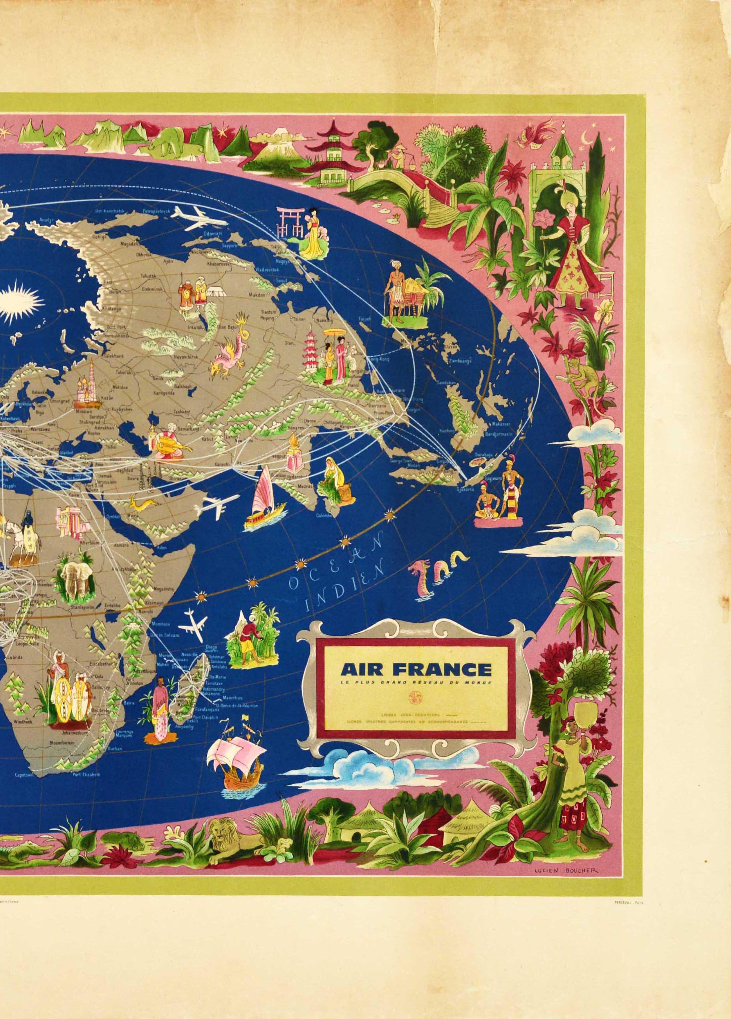 Original vintage Air France travel advertising poster featuring an illustrated map of the world by Lucien Boucher (1889-1971) depicting planes flying around the globe showing the airline routes to all countries with images of various activities and
