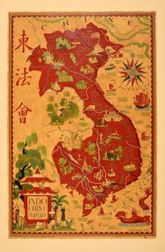 Original Vintage Pictorial Map Poster French Indochina Asia Indochine Francais