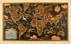 Affiche rétro originale d'une carte de la Planisphere d'Air France, Réseau Aerien Mondial, Voyage