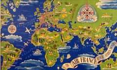Original Vintage Poster Air France Reseau Aerian Mondial Planisphere World Map