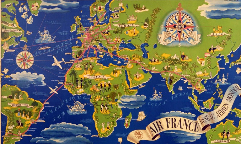 Original Vintage Poster Air France Reseau Aerian Mondial Planisphere World Map - Print by Lucien Boucher