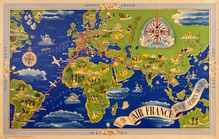 Original vintage Air France travel advertising poster featuring a map of the world by Lucien Boucher (1889-1971): Air France Reseau Aerian Mondial / Global Air Network. Colourful planisphere design showing the airline routes around the world marking
