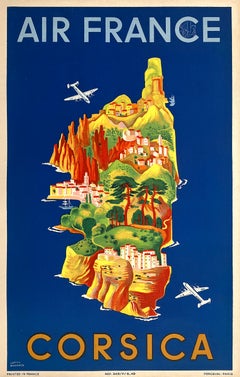 Poster di viaggio originale d'epoca Air France Corsica Small di Lucien Boucher 1949