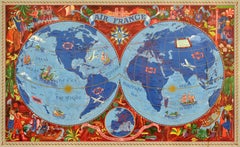 Original Vintage Travel Poster Air France Planisphere Illustrated Map Boucher