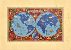 Original Vintage Travel Poster Air France Planisphere Illustrated Map Boucher