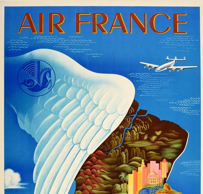 Original Vintage Travel Poster Air France South America Del Sur Map Wing Design - Print by Lucien Boucher