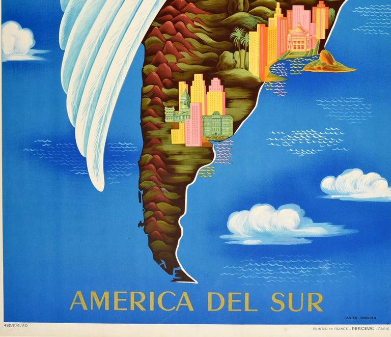 Original Vintage Travel Poster Air France South America Del Sur Map Wing Design - Blue Print by Lucien Boucher