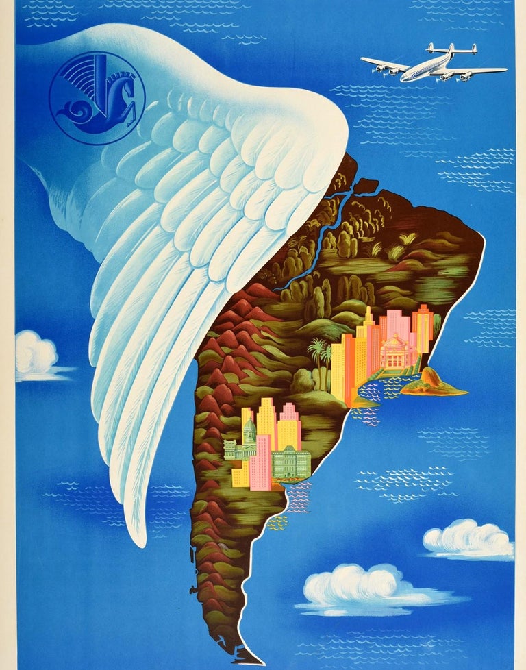 Original vintage travel poster advertising flights to South America / America Del Sur by Air France featuring a colourful stylised design by Lucien Boucher (1889-1971) depicting historic buildings and city skyscrapers, jungle forests, palm trees,
