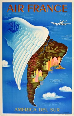 Original Vintage Travel Poster Air France South America Del Sur Map Wing Design