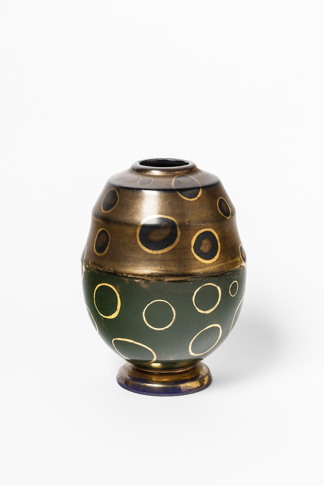 French Lucien Brisdoux Art Deco Green and Gold Ceramic Vase, circa 1930, Signed