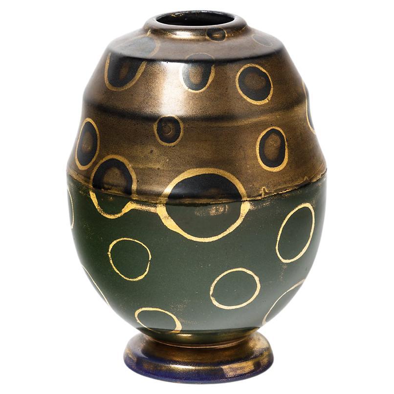 Lucien Brisdoux Art Deco Green and Gold Ceramic Vase, circa 1930, Signed