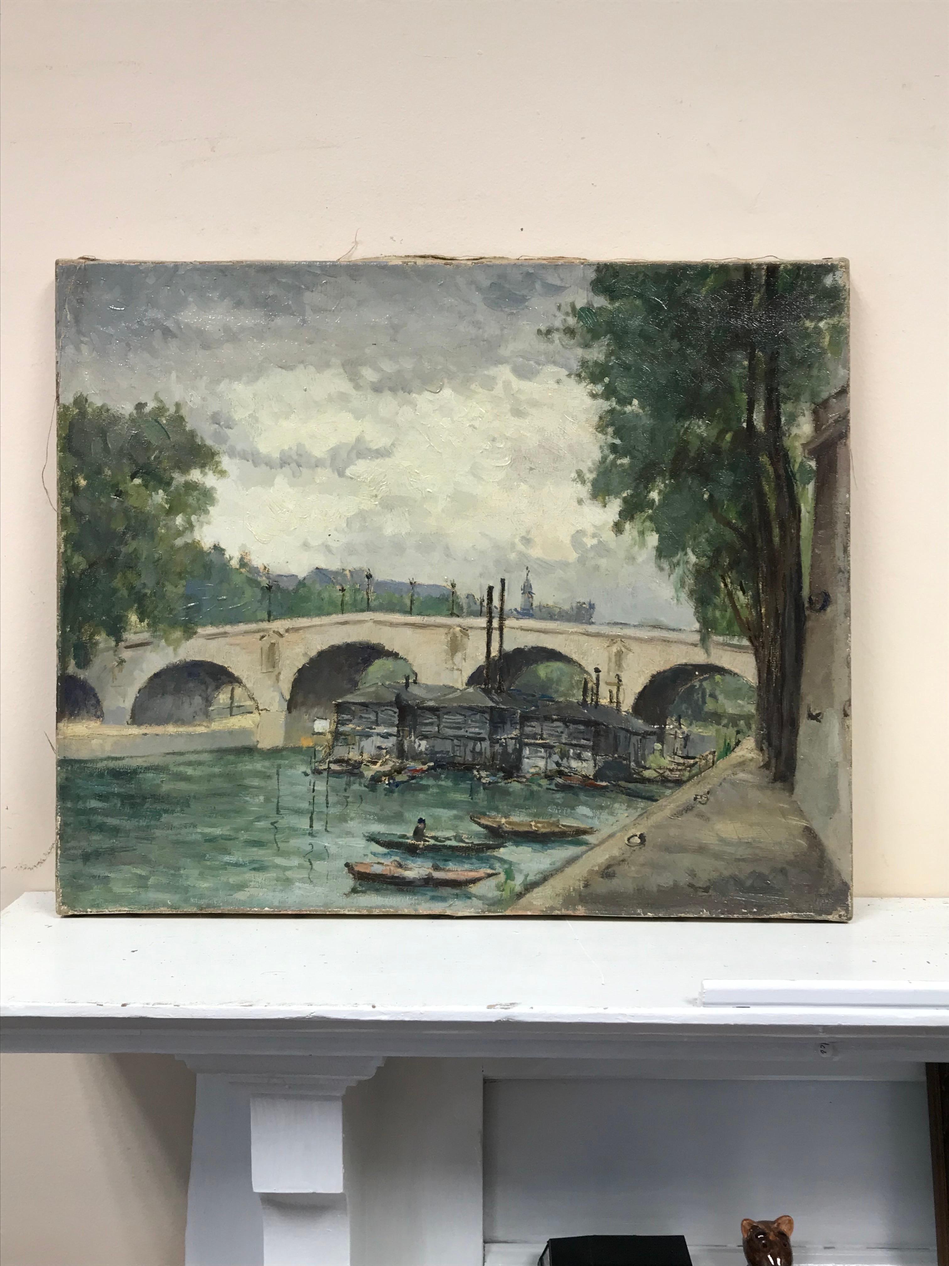 Le Pont Marie, ligne d'horizon au-dessus de la rivière Seine, peinture à l'huile vintage - Painting de Lucien Chanterelle