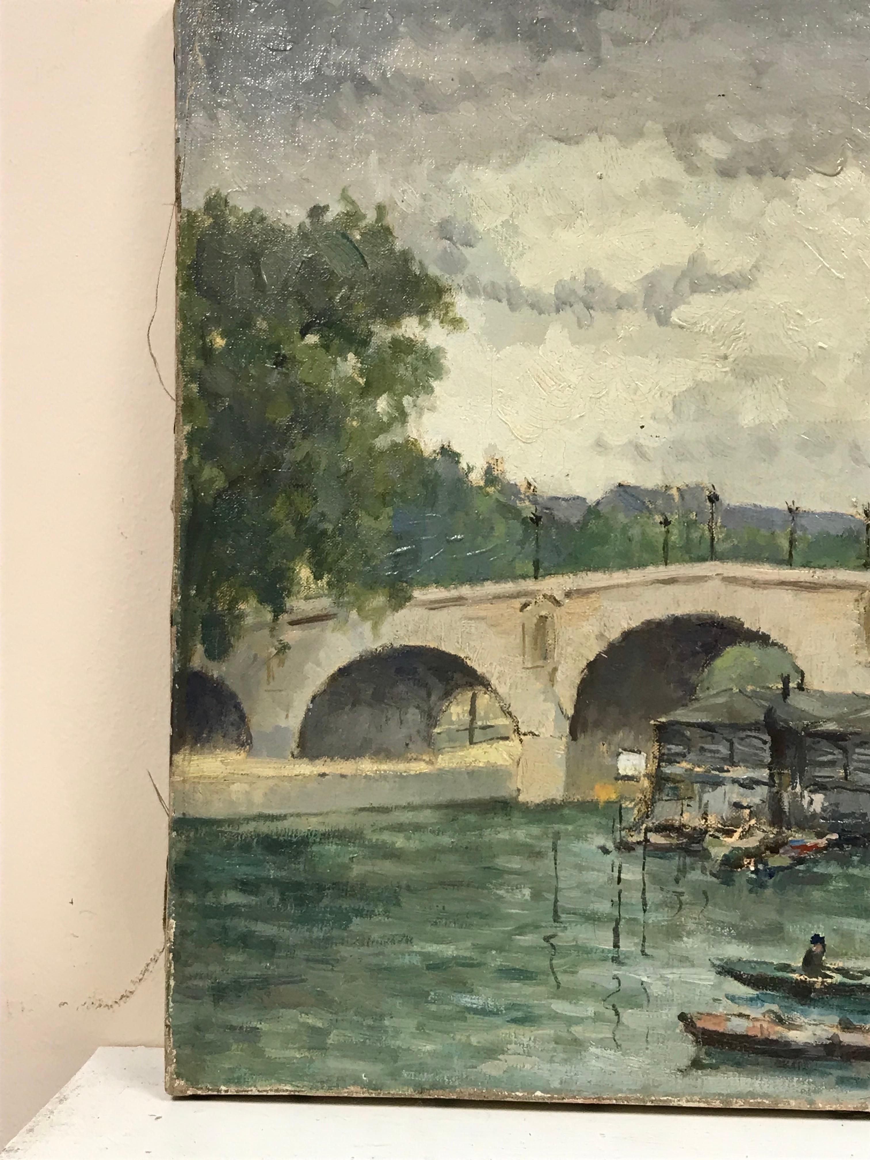 Le Pont Marie, ligne d'horizon au-dessus de la rivière Seine, peinture à l'huile vintage - Impressionnisme Painting par Lucien Chanterelle