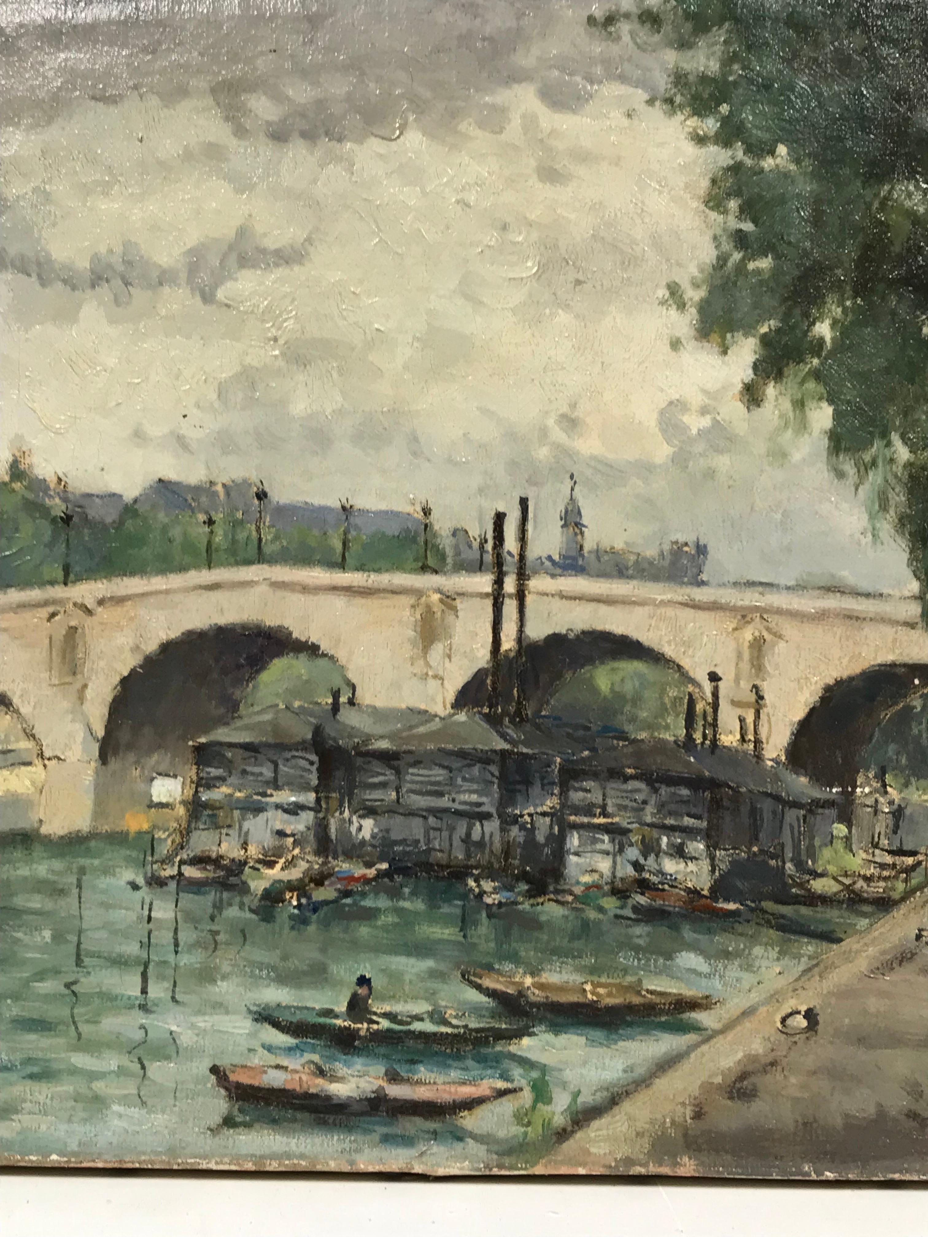 Le Pont Marie, ligne d'horizon au-dessus de la rivière Seine, peinture à l'huile vintage - Gris Figurative Painting par Lucien Chanterelle