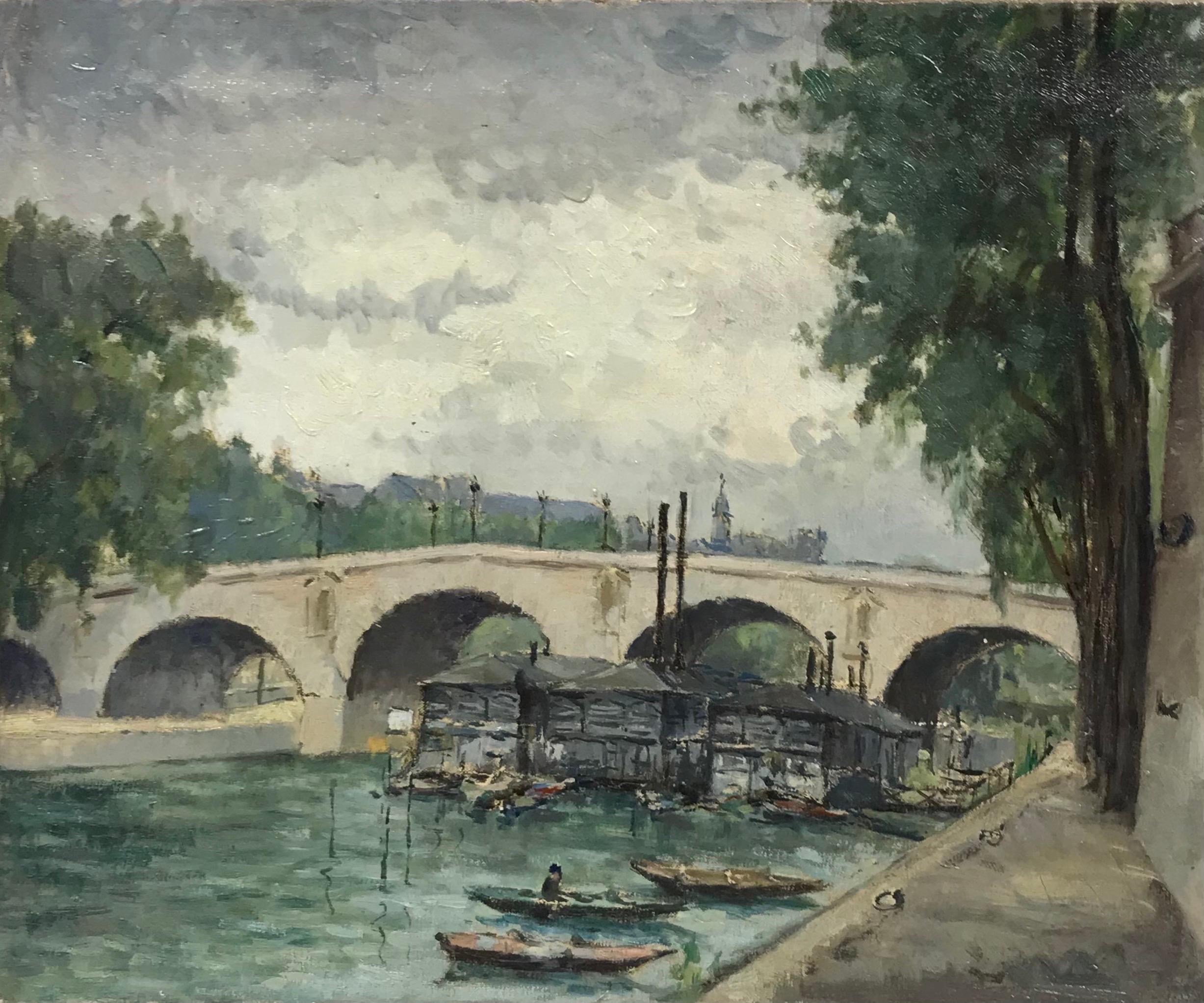 Figurative Painting Lucien Chanterelle - Le Pont Marie, ligne d'horizon au-dessus de la rivière Seine, peinture à l'huile vintage