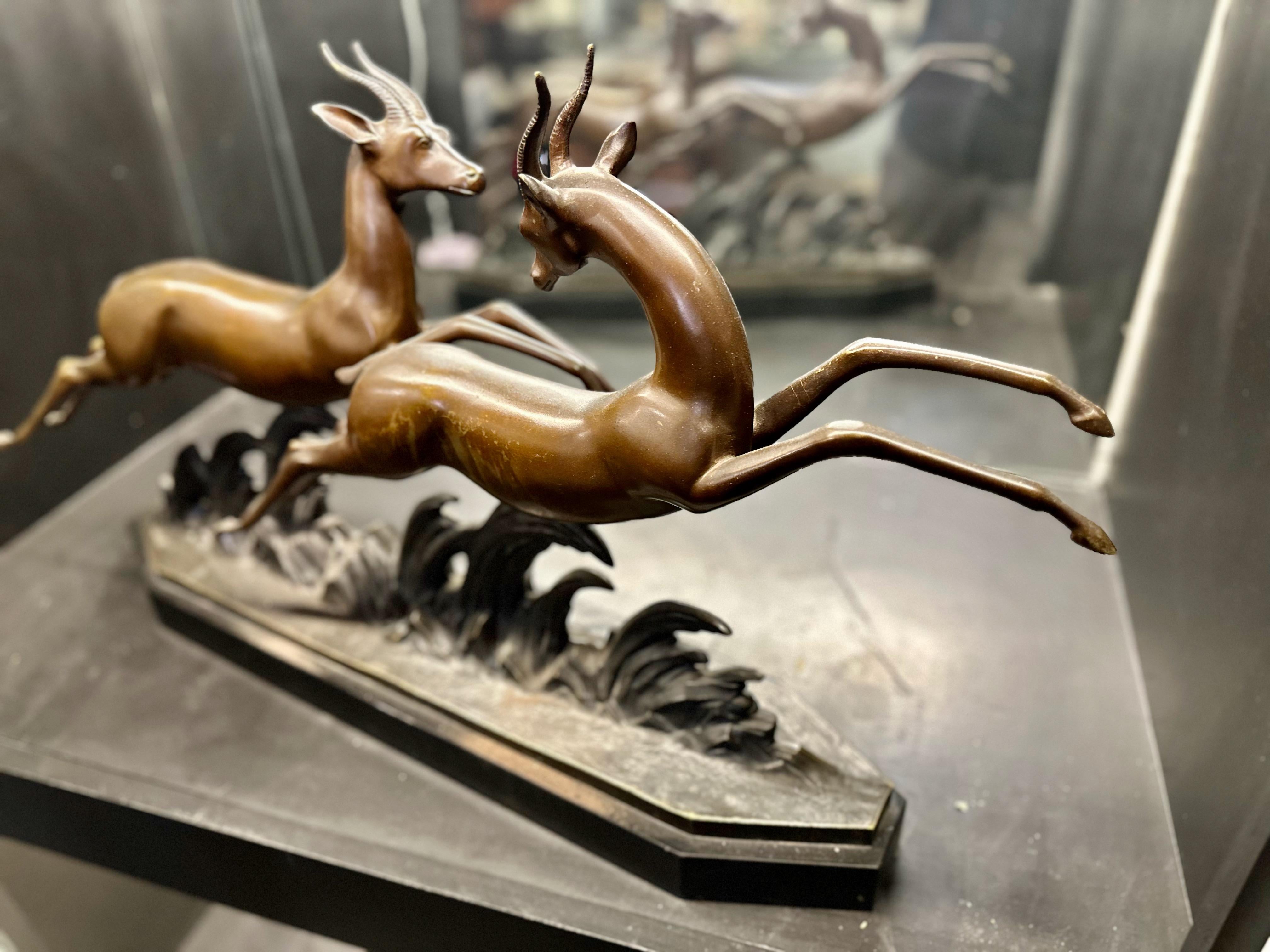 Lucien Charles E. Alliot French Art Deco Bronze The Gazelles 1930 In Good Condition For Sale In Oakland, CA