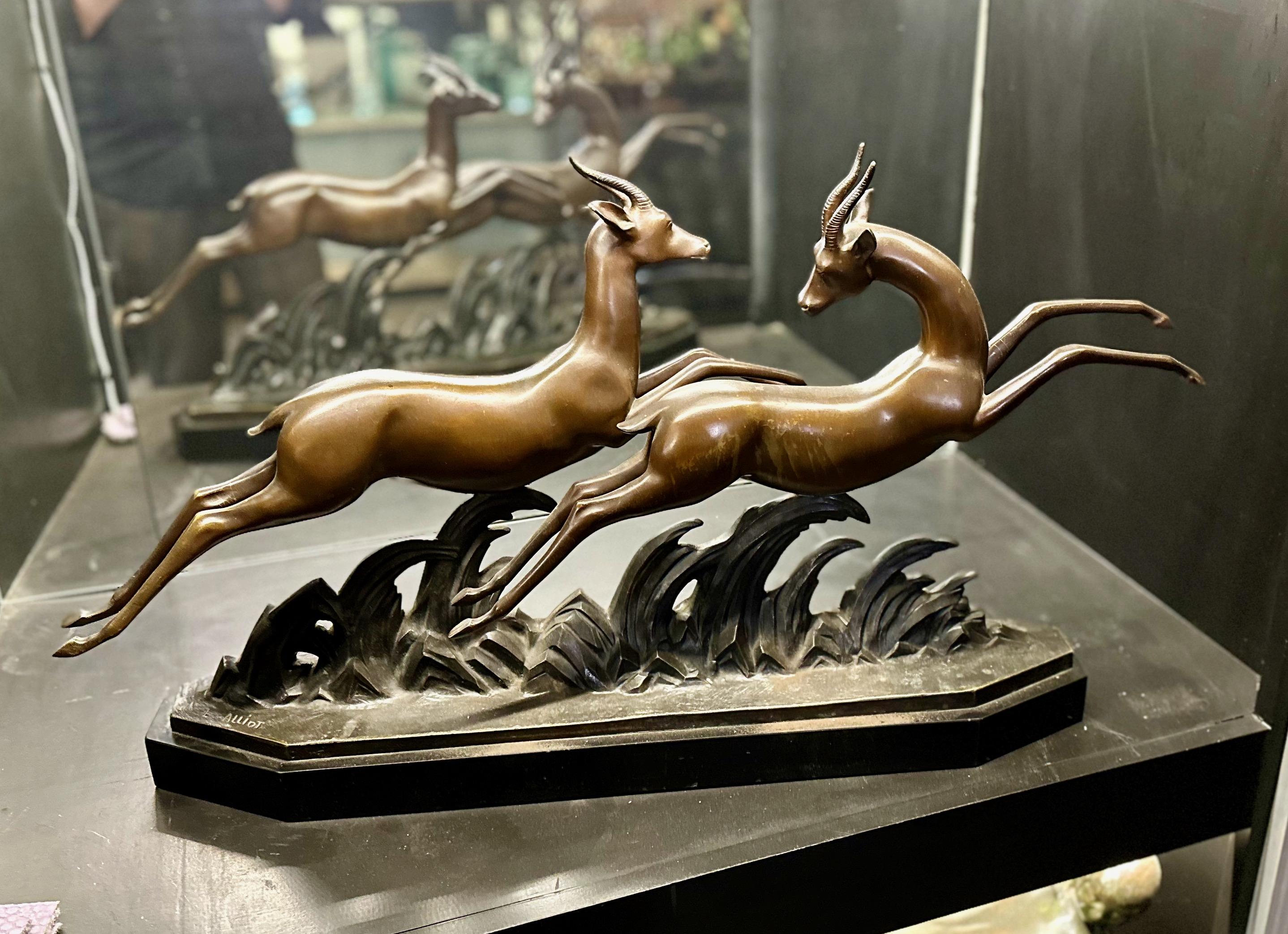 Lucien Charles E. Alliot French Art Deco Bronze The Gazelles 1930 For Sale 5