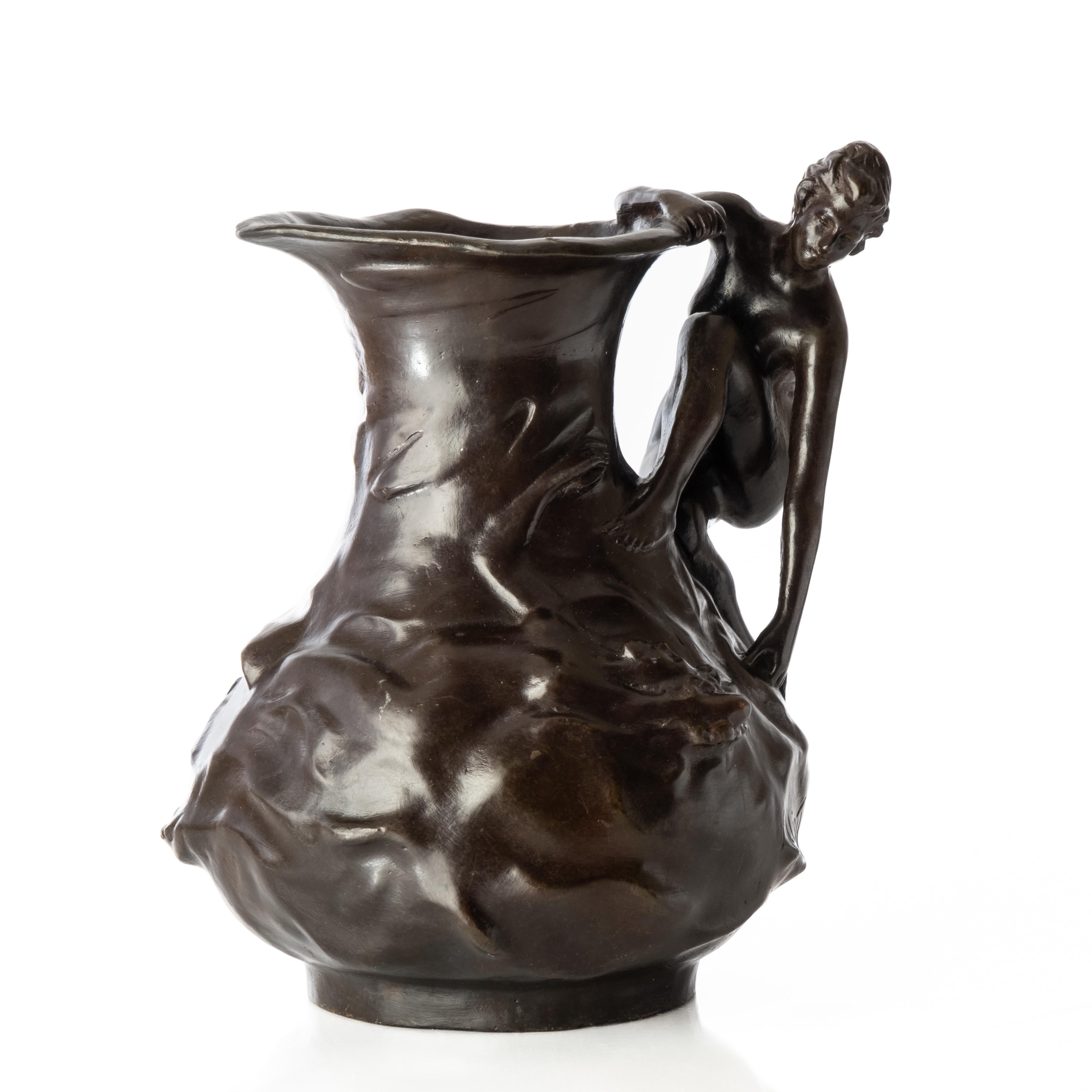 Lucien Charles Edouard Alliot Signed French Art Nouveau Period Bronze Pitcher In Good Condition For Sale In Hudson, NY