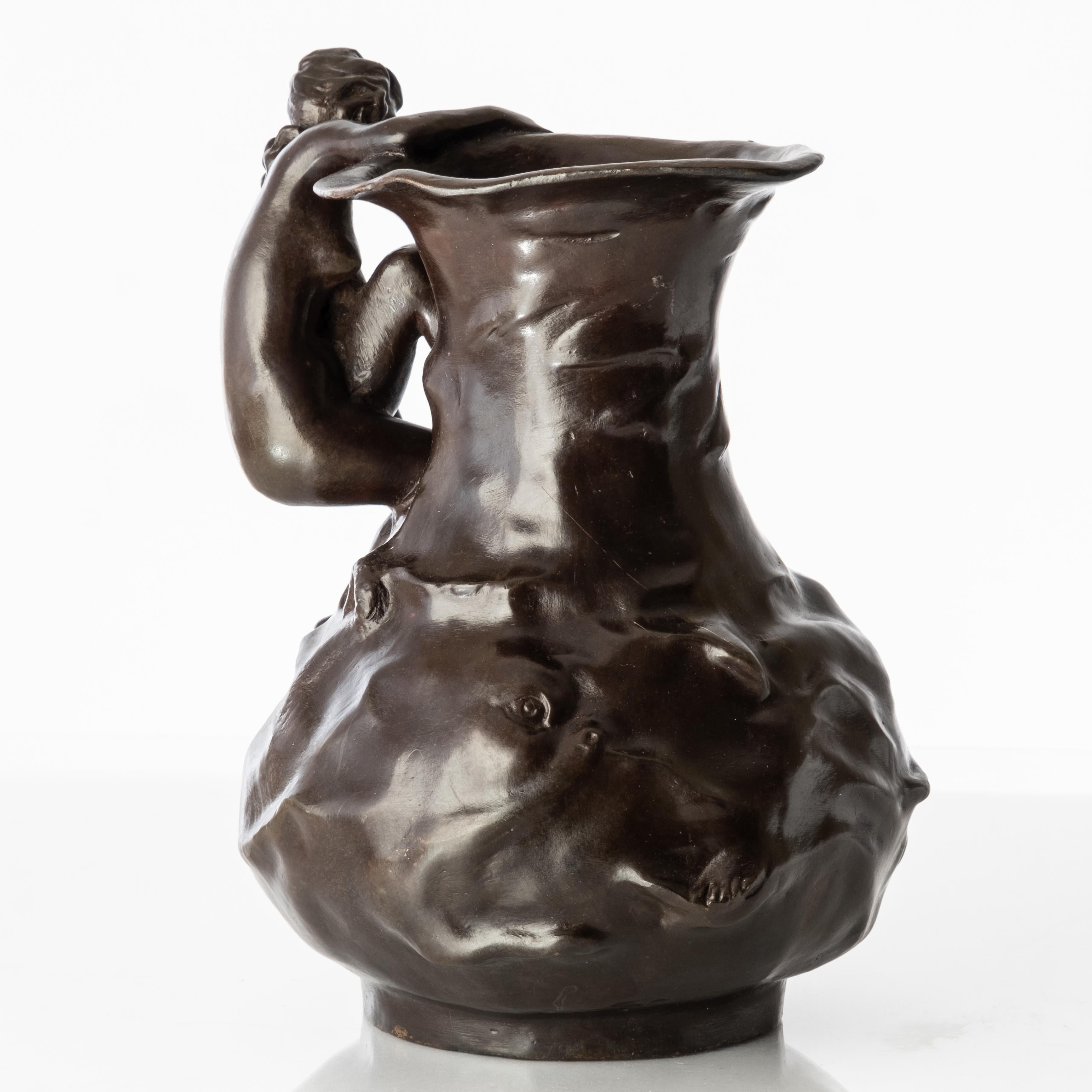 20th Century Lucien Charles Edouard Alliot Signed French Art Nouveau Period Bronze Pitcher For Sale