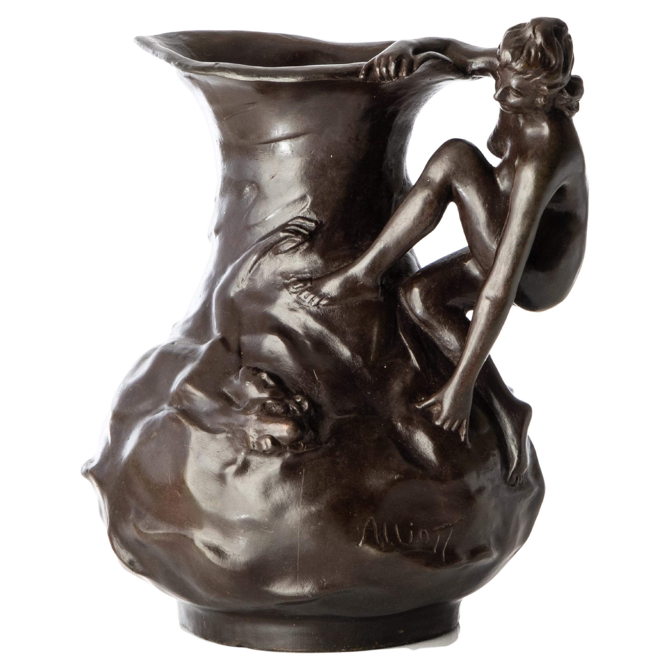 Lucien Charles Edouard Alliot Signed French Art Nouveau Period Bronze Pitcher For Sale