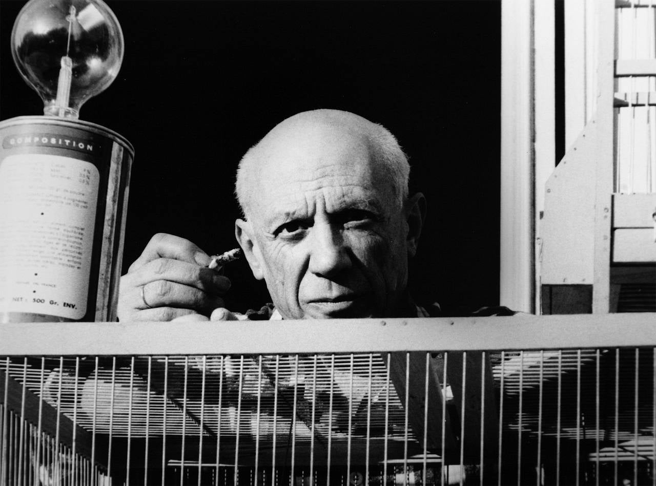 Portrait of Pablo Picasso by Lucien Clergue. Signed on recto and verso; edition 8/30. The original vintage print by Lucien Clergue was made in 1955. This modern reprint by Lucien Clergue and Stephanie Mariet was printed in 1998 (as annotated by