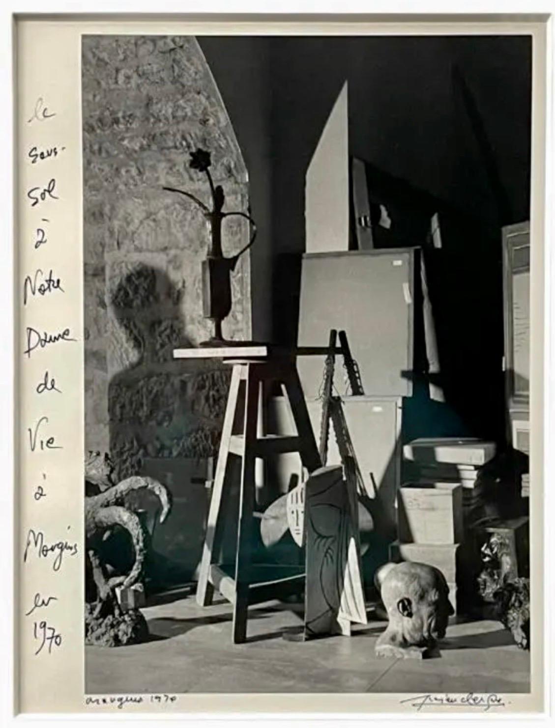 Lucien Clergue (FRENCH, 1934 - 2014) 
Gelatin silver photographic print depicting the workshop sculptures, present-absent, Notre Dame de Vie, 1970
Architectural study of Picasso's atelier studio with sculpture circa 1970. Mougins.
Hand signed by the