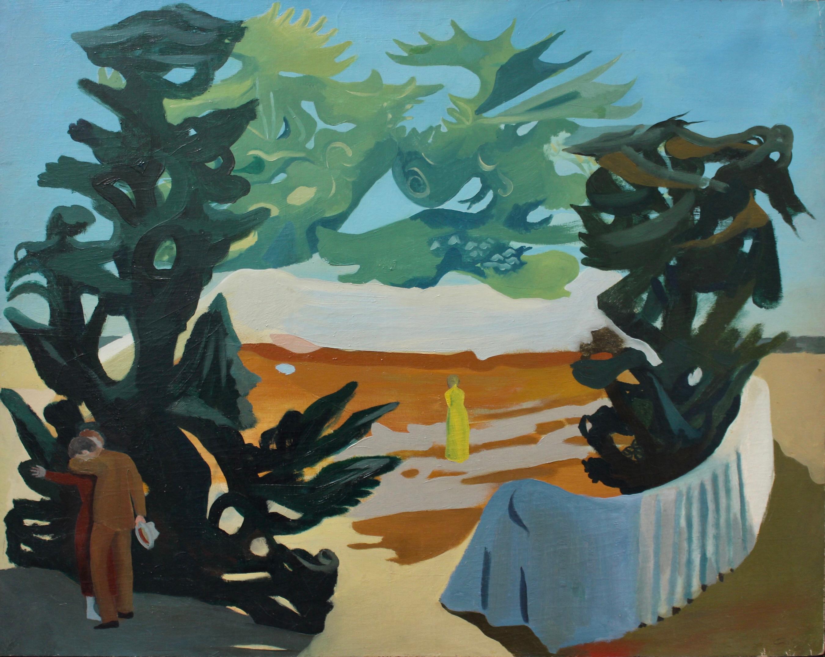 Lucien Coutaud Landscape Painting – Charaktere in einer surrealistischen Landschaft
