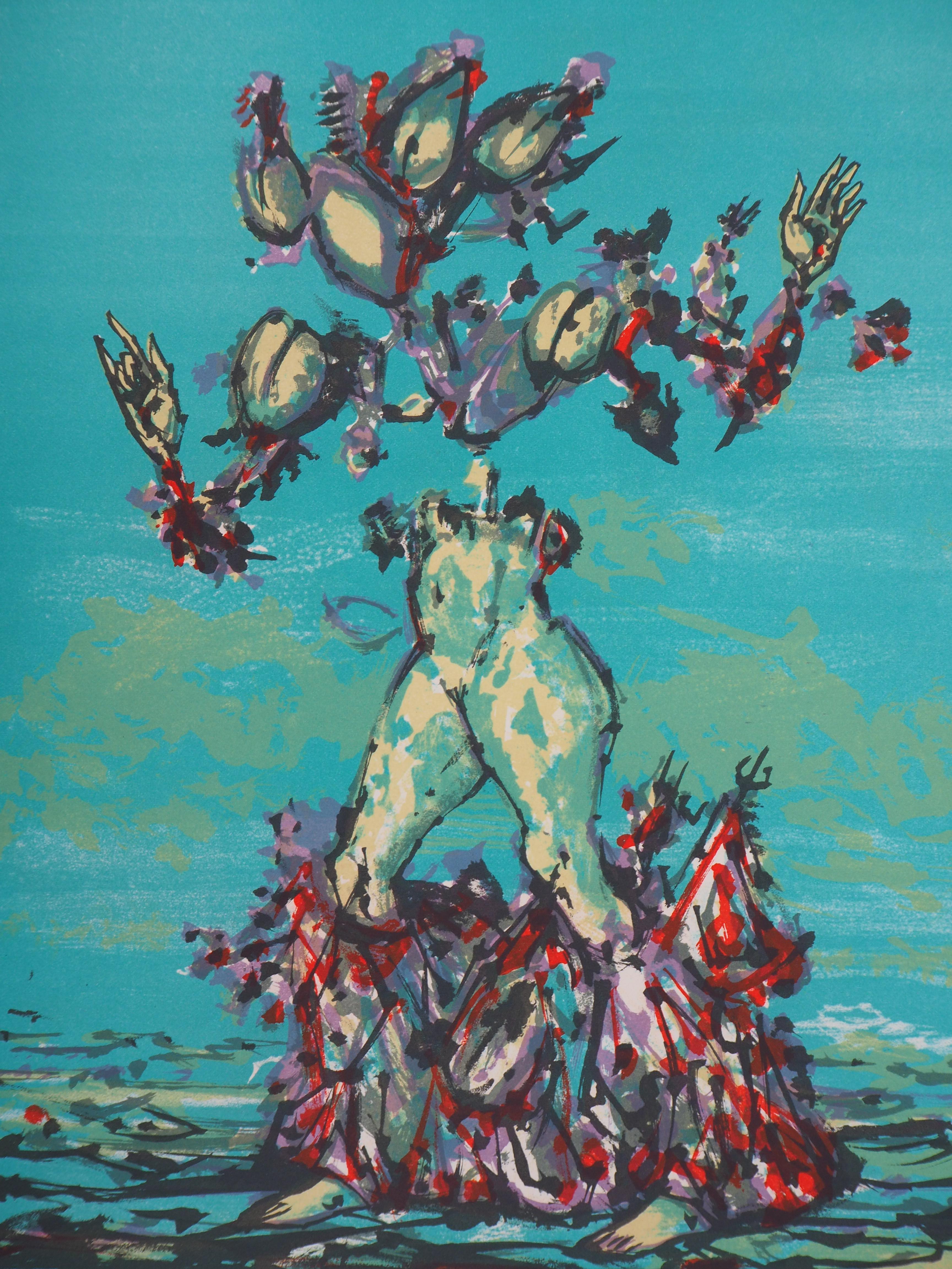 Personaje surrealista : Amante en azul - Litografía original firmada a mano - Print Moderno de Lucien Coutaud