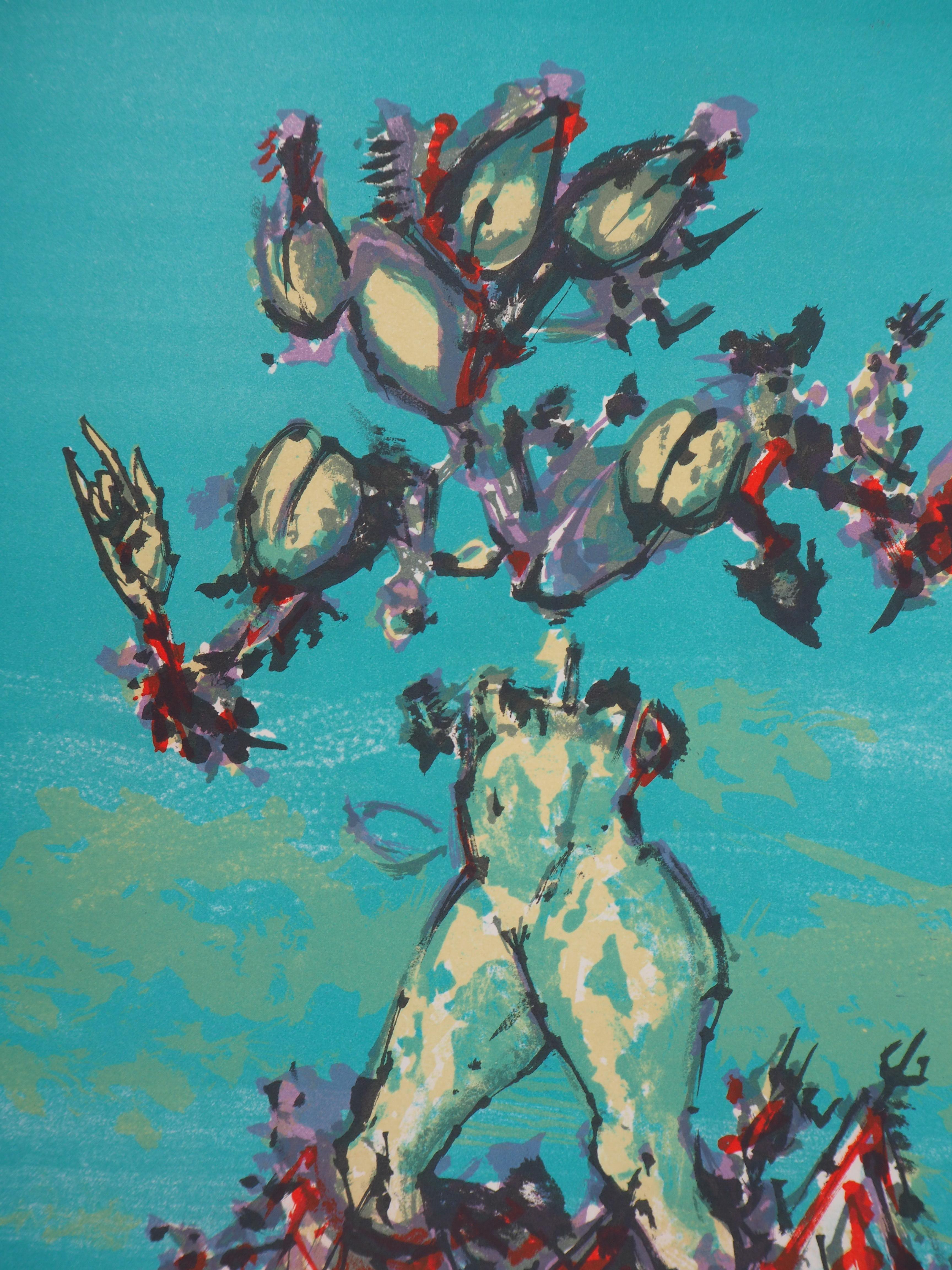 Personaje surrealista : Amante en azul - Litografía original firmada a mano - Figurative Print Azul de Lucien Coutaud